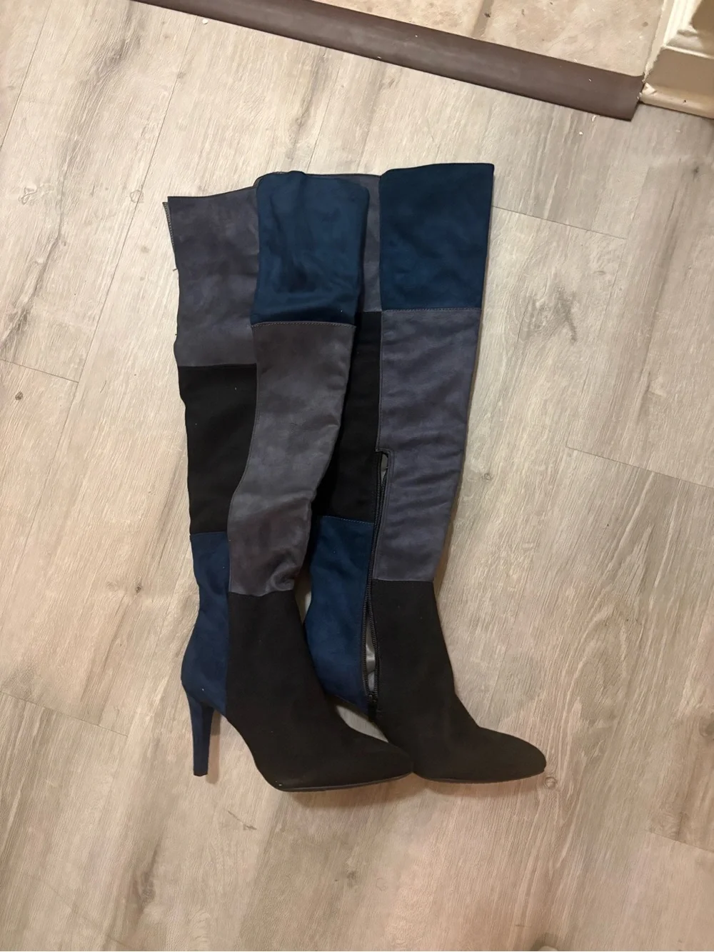 Women's Over-the-Knee Patchwork Suede Boots in Blue and Gray